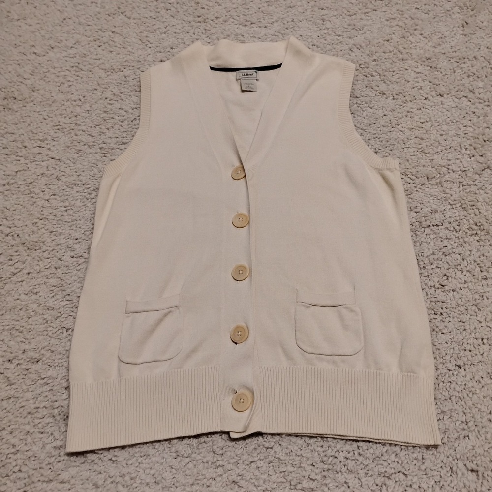 LL Bean Sweater Womens Large Beige Yellow Pockets Button Vest Cardigan Cream